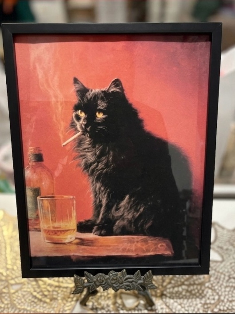 Framed 8x10 Humorous black cat smoking with whiskey glass